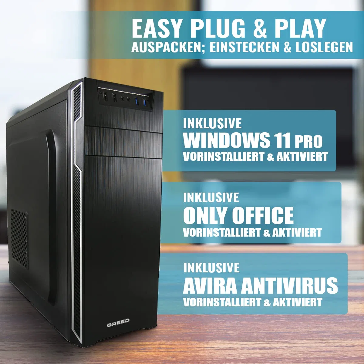 GREED Multimedia PC Intel Core 12th Gen 4.3 GHz 16GB RAM 240GB SSD 1TB HDD DVD+RW USB 3.0 WLAN Windows 11 Pro