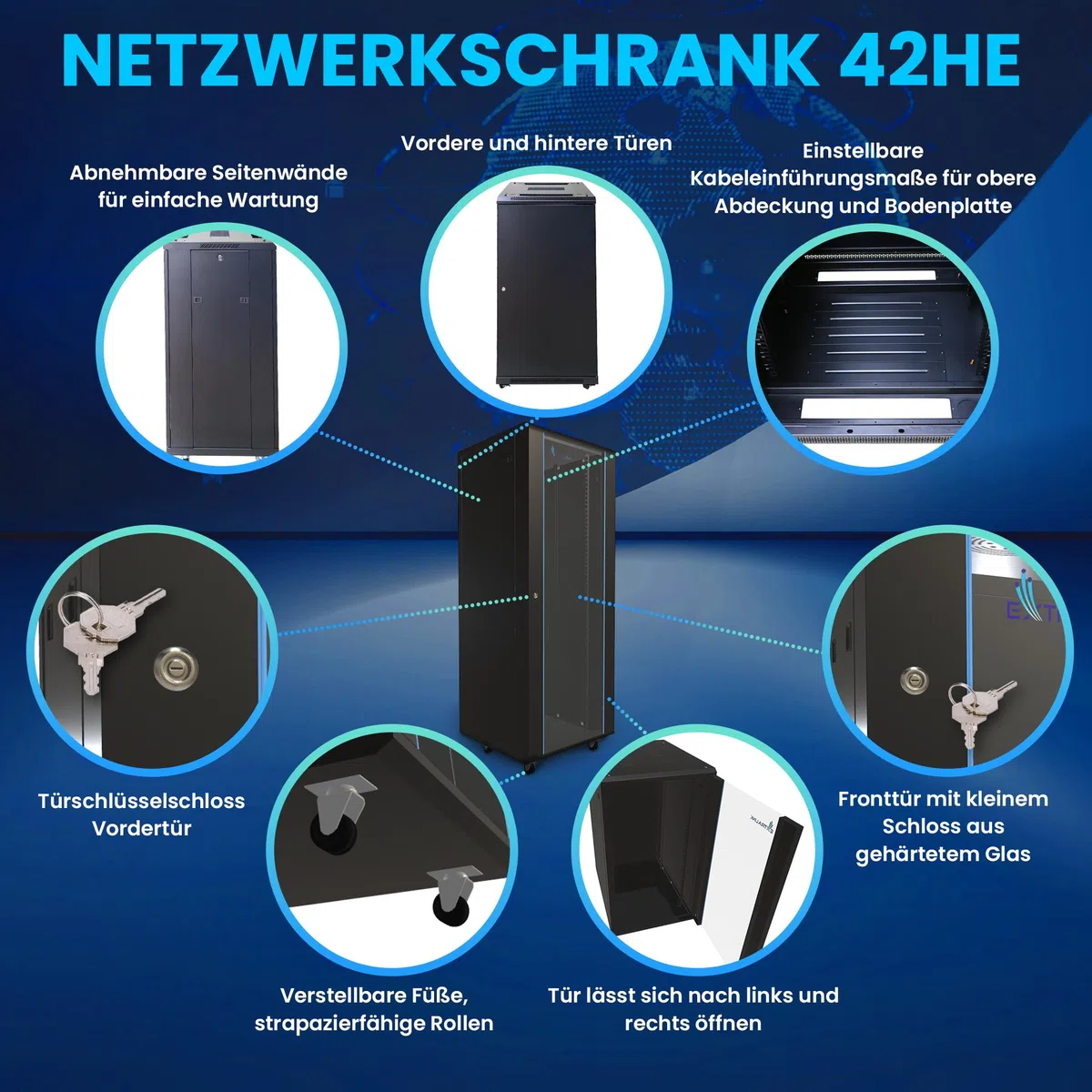 Serverschrank 19 Zoll 42 HE 600x800 freistehend gehärtetes Glas Schwarz Rack