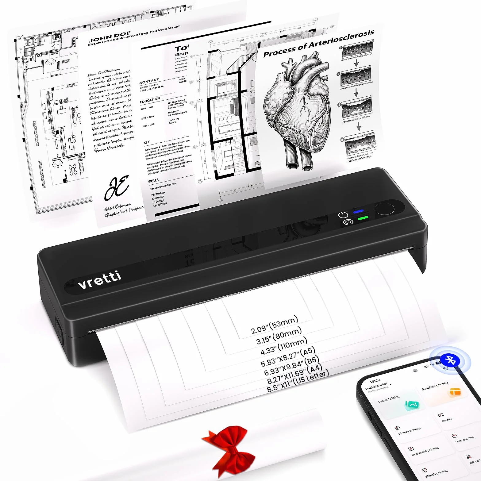 vretti PB821 Mobiler Drucker, Tragbare Thermodrucker unterstützt das Bedrucken von A4-Thermopapier,Bluetooth Thermodrucker unterstützt iOS und Android,Schwarz