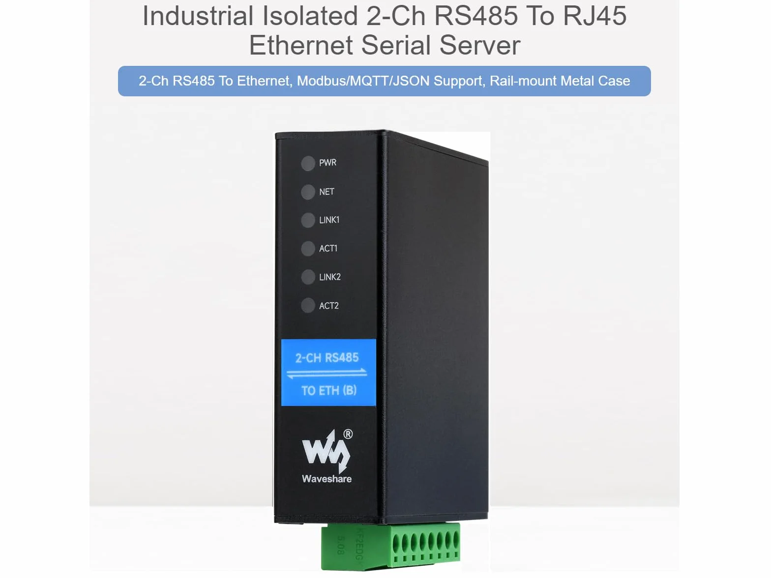 Industrial RS485 to RJ45 Ethernet Converter Module, Dual Channels, Dual Ethernet Ports, Rail-Mount Isolated Serial Server