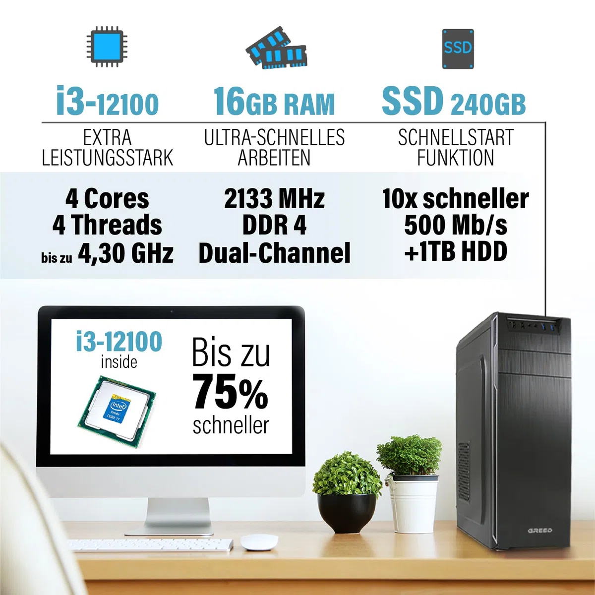 GREED Multimedia PC Intel Core 12th Gen 4.3 GHz 16GB RAM 240GB SSD 1TB HDD DVD+RW USB 3.0 WLAN Windows 11 Pro
