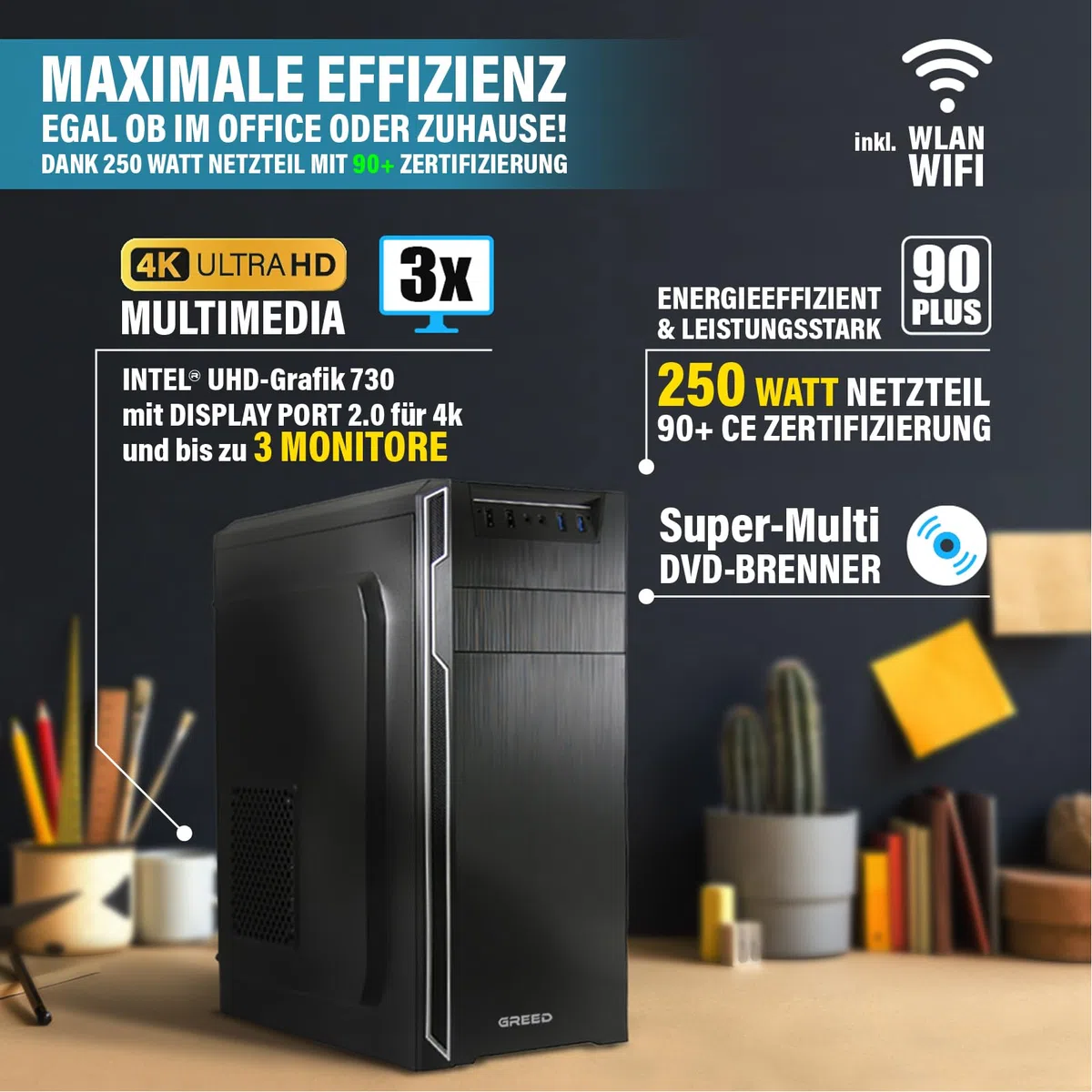 GREED Multimedia PC Intel Core 12th Gen 4.3 GHz 16GB RAM 240GB SSD 1TB HDD DVD+RW USB 3.0 WLAN Windows 11 Pro