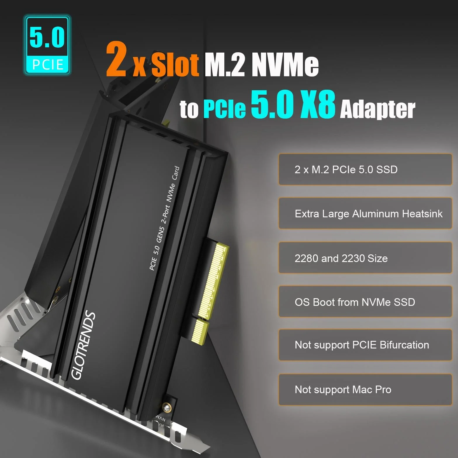 GLOTRENDS PA52L Dual M.2 NVMe auf PCIe 5.0 X8 Adapter ohne PCIe-Verzweigung