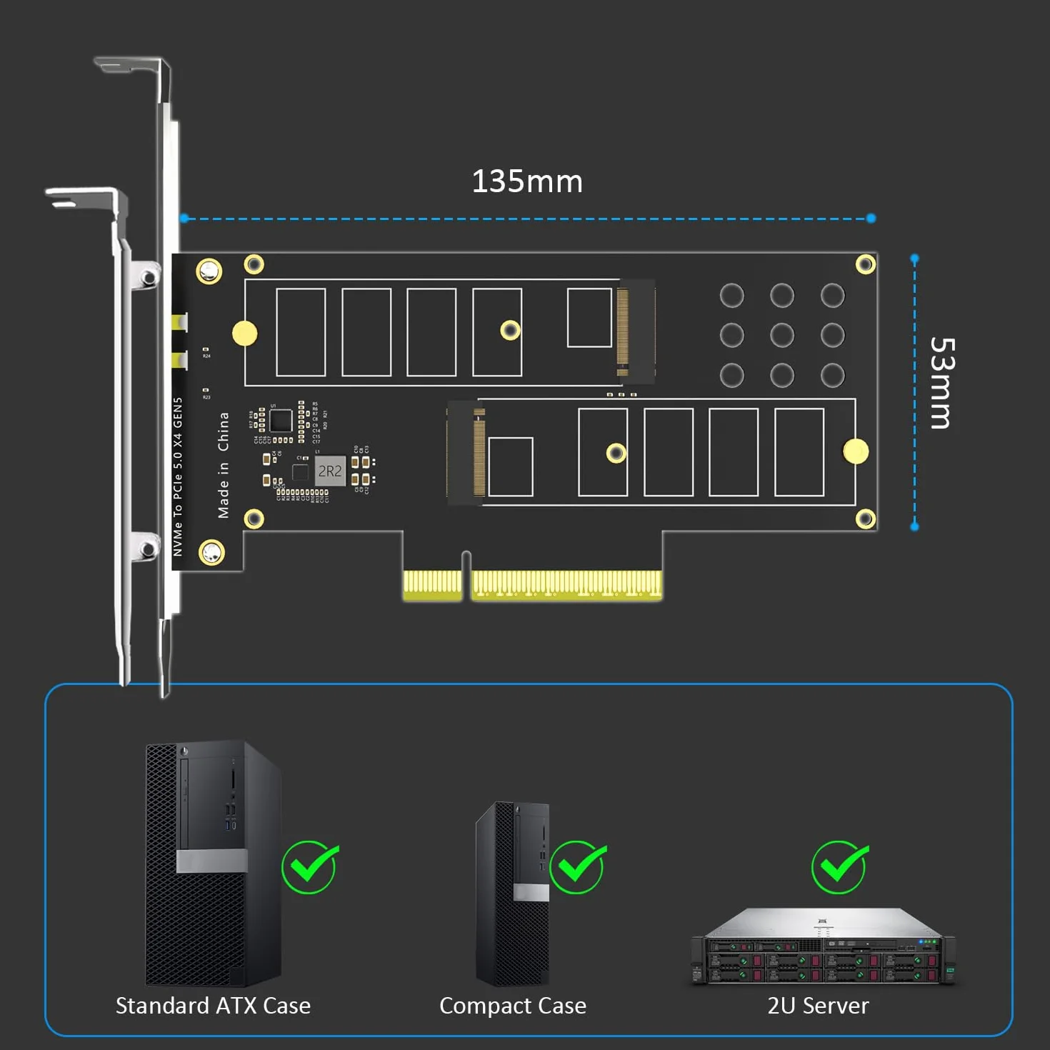 GLOTRENDS PA52L Dual M.2 NVMe auf PCIe 5.0 X8 Adapter ohne PCIe-Verzweigung