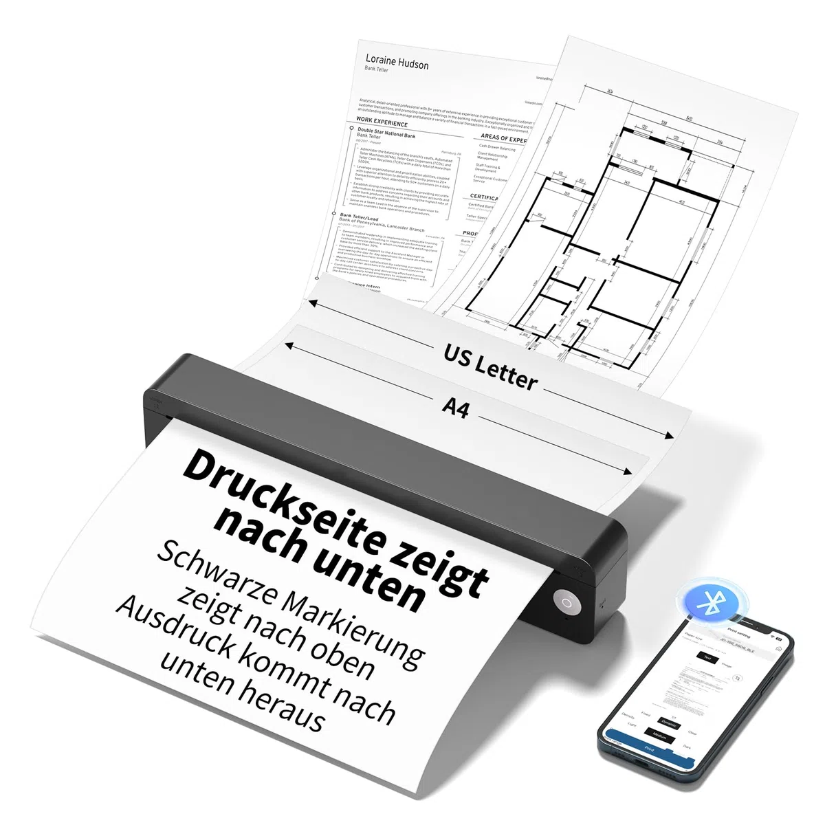JADENS Tragbarer A4 Thermodrucker, Bluetooth Mobiler Drucker Tintenlos, 203 DPI Kabellos Mini Drucker für Reisen Home Office, Kompatibel mit iOS Android Laptop, Für Gefaltetes Thermopapier