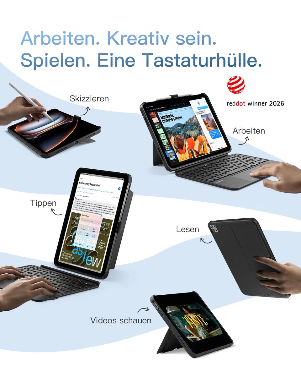 Inateck iPad Air 11 Zoll Hülle mit Tastatur M4/M3/M2(2026/2025/2024),für Air 5/4,iPad Pro 11, 5,1" Vollflächen-Touchpad,Hoch-/Querformat Ständer,Abnehmbar,mit Stifthalter,QWERTZ,AceTouch Pro