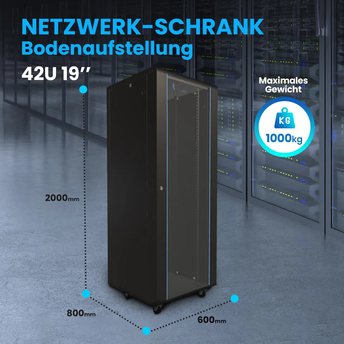 Serverschrank 19 Zoll 42 HE 600x800 freistehend gehärtetes Glas Schwarz Rack