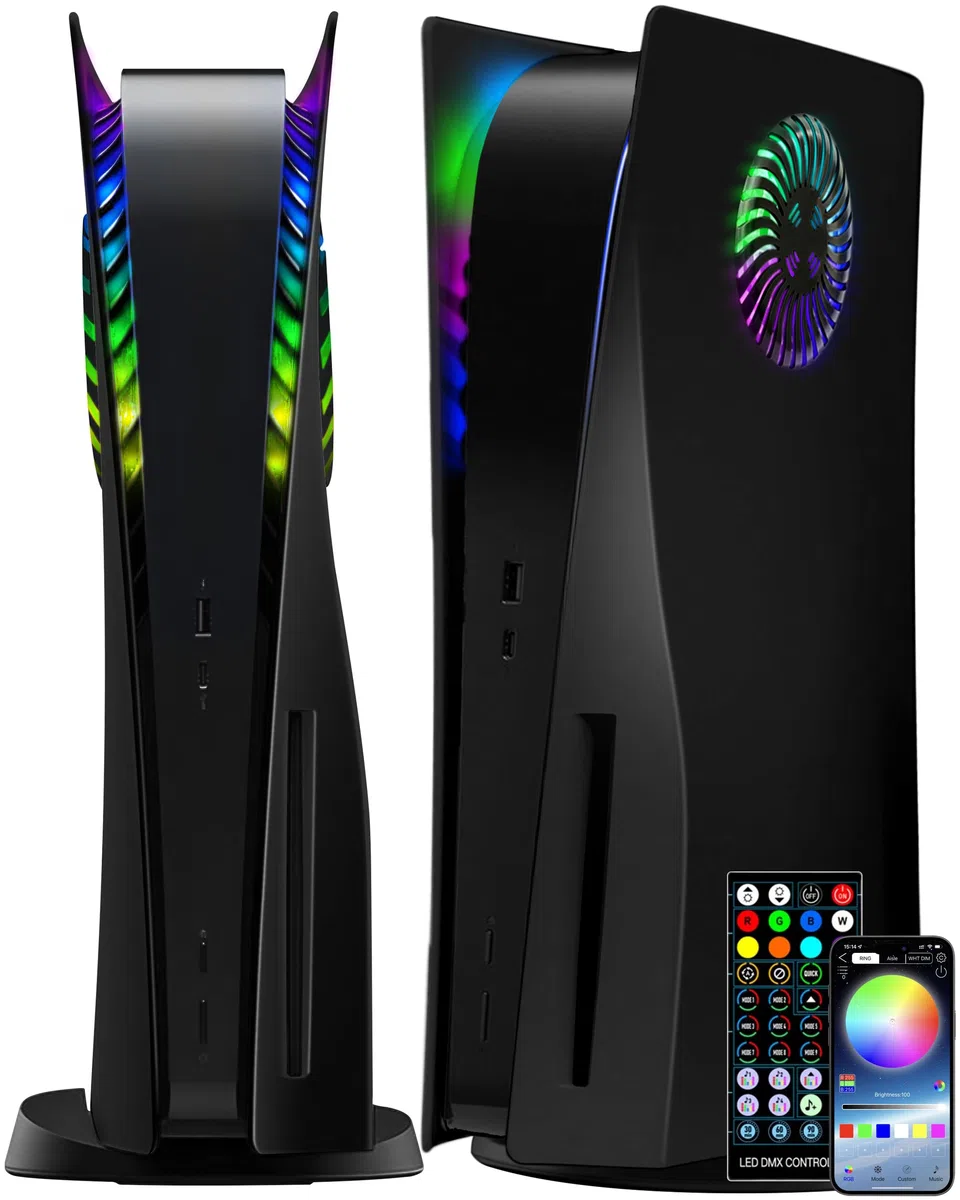 Joso Faceplate Shell Cover mit RGB-LED-Lichtstreifen für PS5 Disc Edition, ABS Anti-Scratch staubdicht Ersatz Faceplate Shell Case mit Lüfterschlitzen, Musik-Sync mit 8 Farben 400 + Lichteffekte