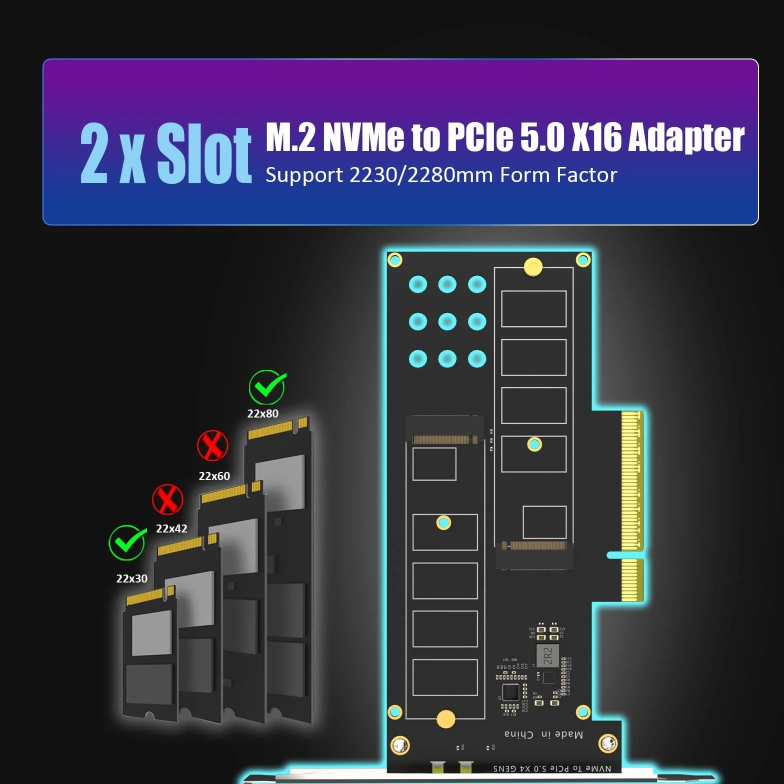 GLOTRENDS PA52L Dual M.2 NVMe auf PCIe 5.0 X8 Adapter ohne PCIe-Verzweigung