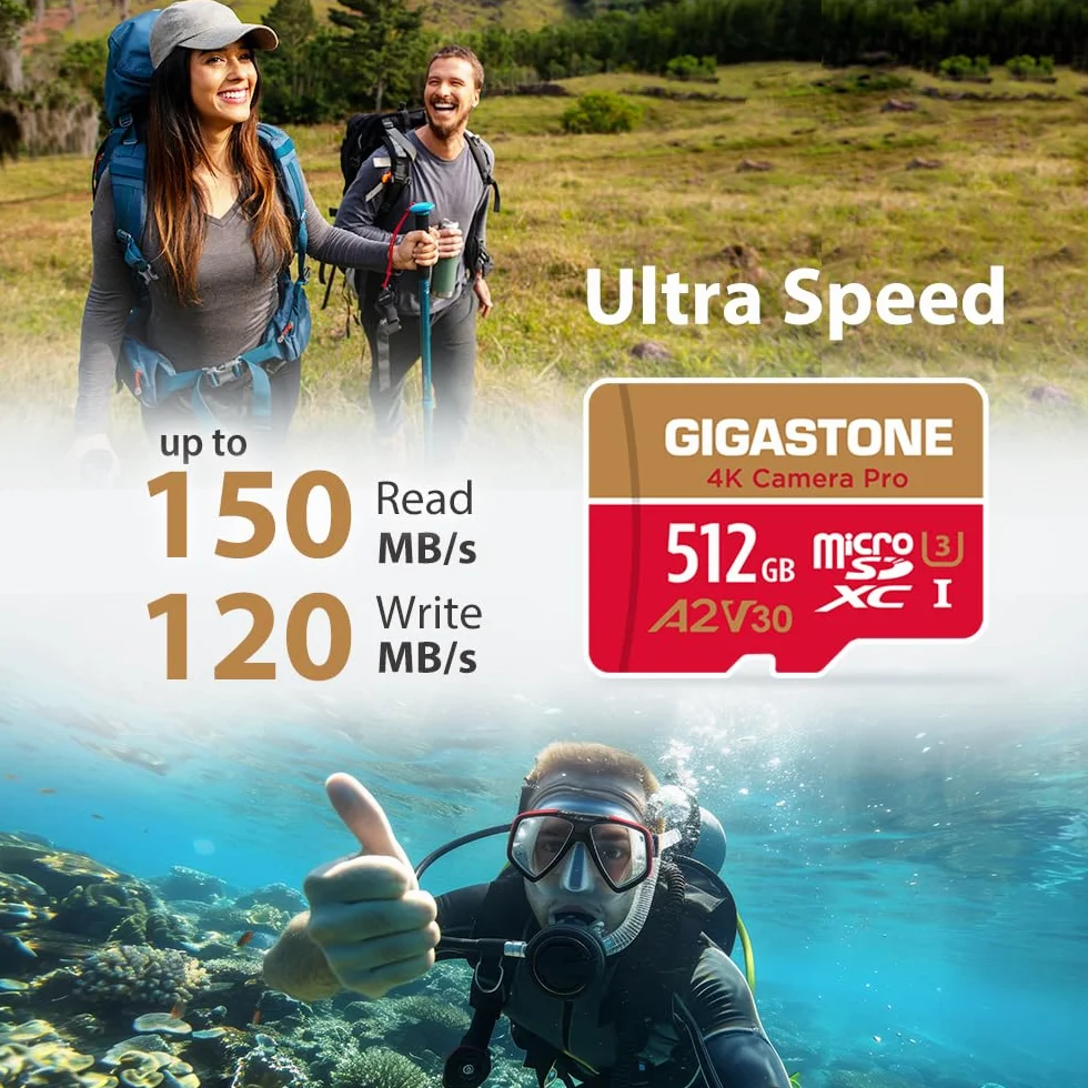 GIGASTONE 512GB MicroSDXC Speicherkarte + SD-Adapter, 4K Kamera Pro, bis zu 150/120 MB/s, A2 U3 V30 Micro SD Karte