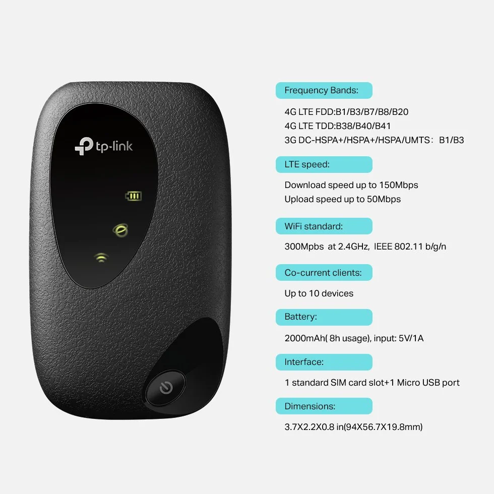 TP-Link M7200 mobiler WLAN Router (4G/LTE bis zu 150Mbit/s Download/ 50Mbit/s Upload, Hotspot, 2000mAh Akku, kompatibel mit Allen europäischen SIM Karten)