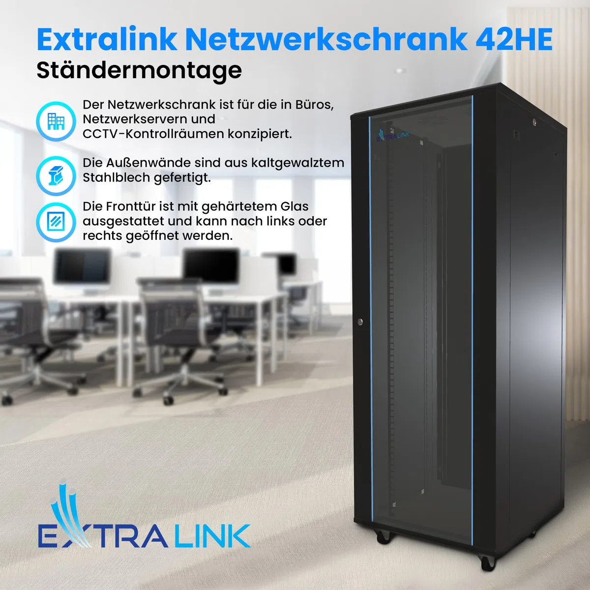 Serverschrank 19 Zoll 42 HE 600x800 freistehend gehärtetes Glas Schwarz Rack